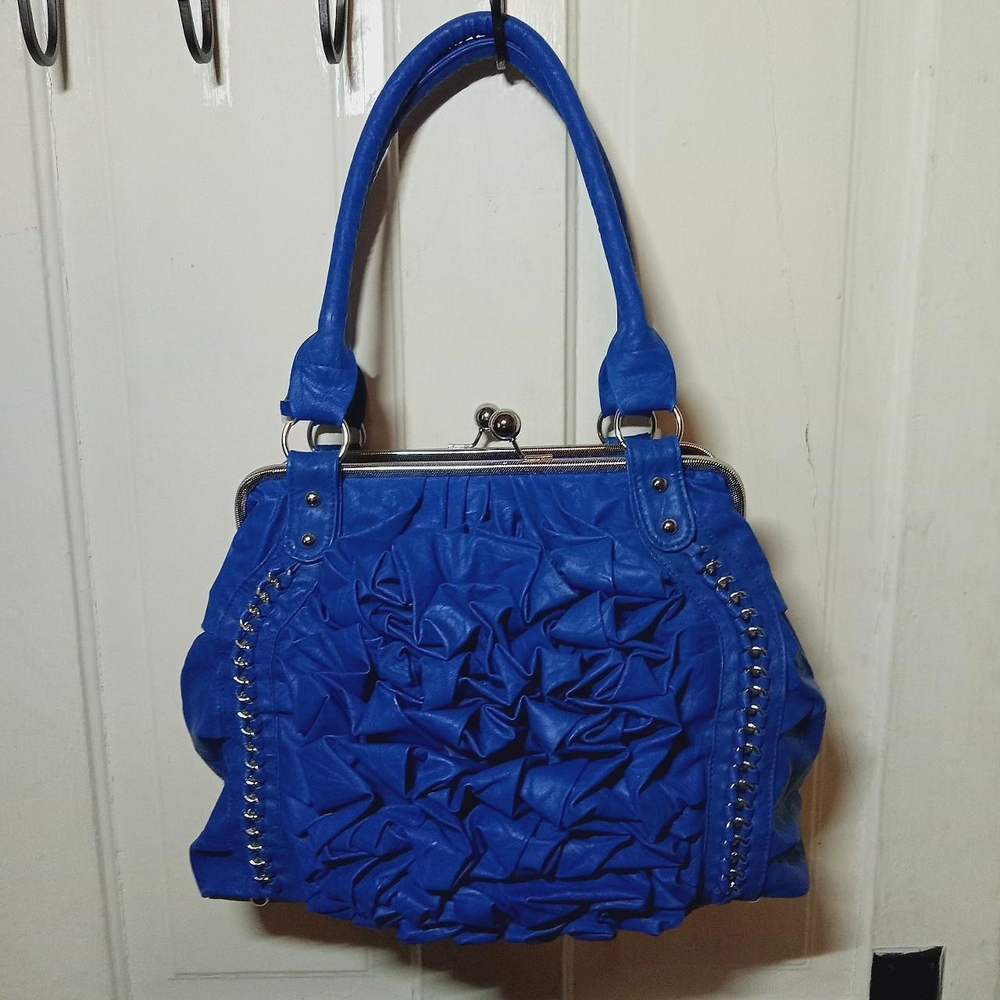 Blue Women's Handbag kiss lock clasp rosette ruching detail